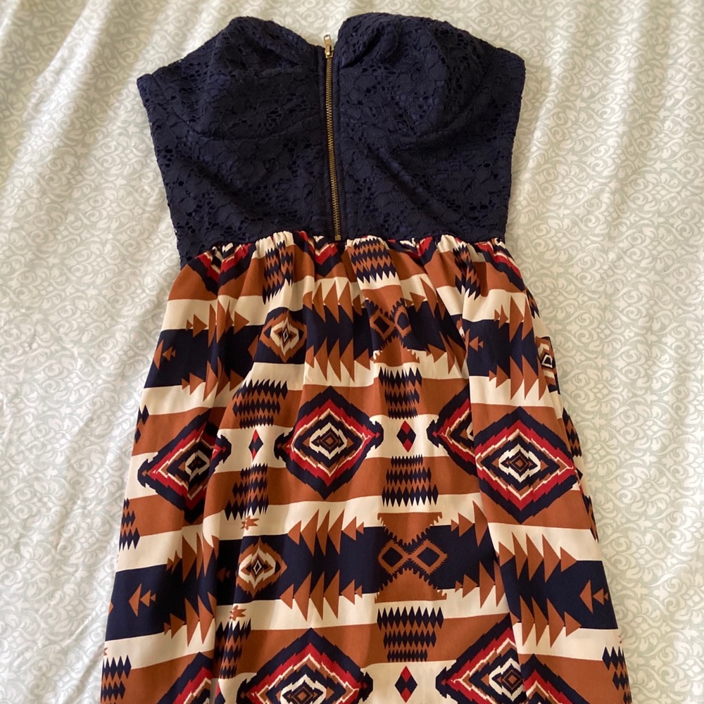 Navy Blue Tribal Print Strapless Dress